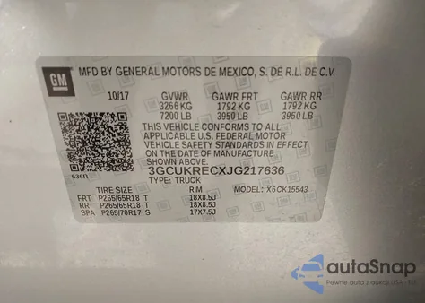 2018 Chevrolet Silverado 1500 2Lt из США, поврежденный, VIN 3GCUKRECXJG217636